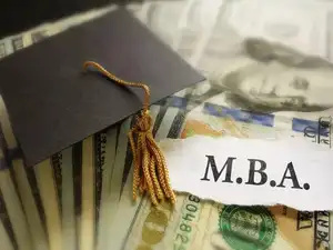 Graduation cap beside a diploma marked M.B.A.